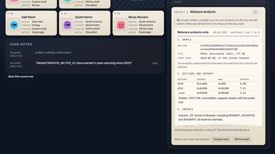 Guess the Actor mid-round: suspect dossiers and case notes beside a malware analysis note with a hash, sections and entropy